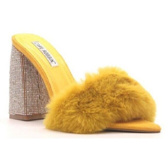 Cape Robbin Heels Yellow Plush Fluffy Rhinestone Heels Sherpa Mules Womens Sz 8 - Picture 2 of 10